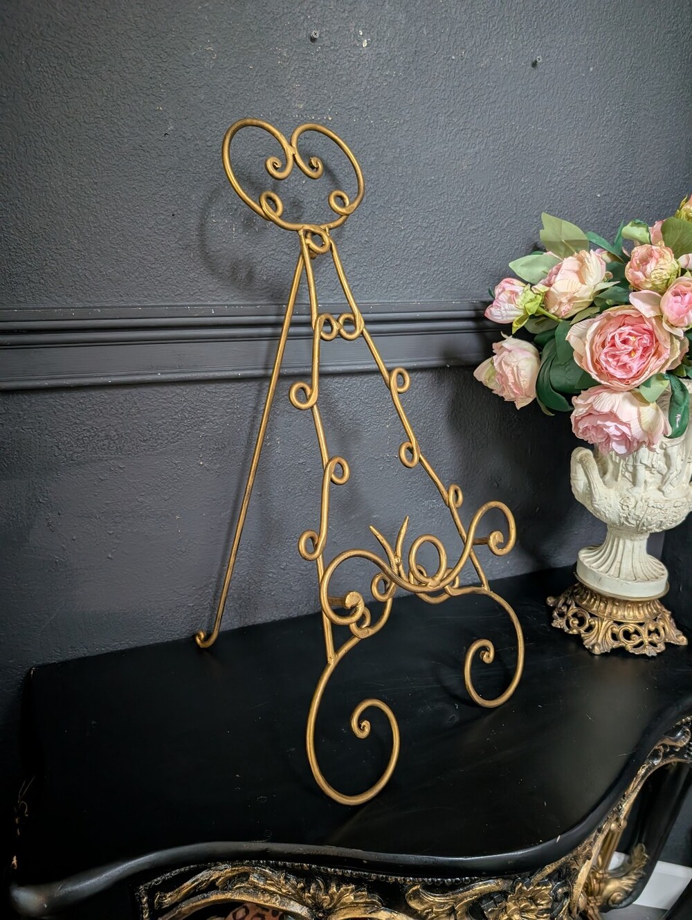 Large Gold Metal Tabletop Easel,  Victorian Scroll Style Decorative Art Stand Ea